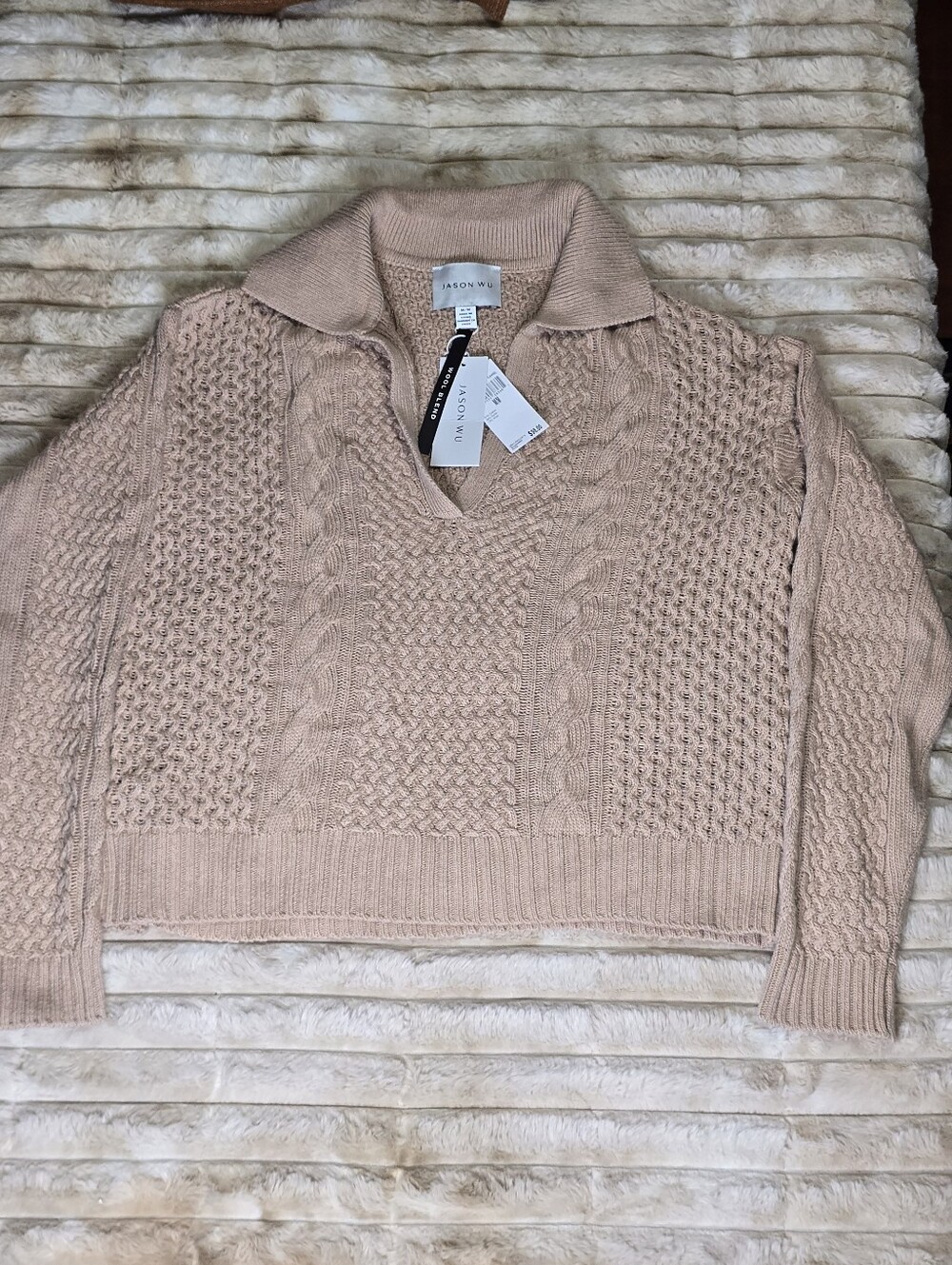 NWT Jason Wu Camel Cable Knit Polo Sweater Medium Wool Blend Minimalist Chic